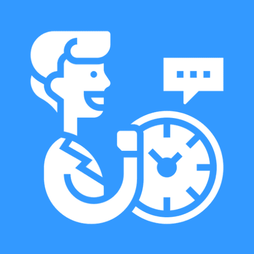 Person with clock and speech bubble icon.