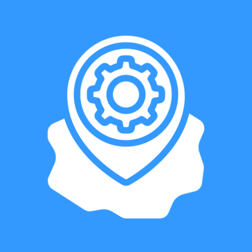 Gear and location icon on blue background.